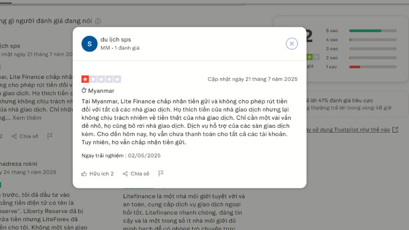 Đánh giá KH về LiteFinance trên Trustpilot