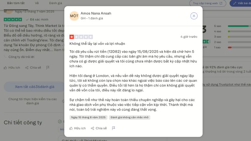 Đánh giá về ThinkMarkets trên Trustpilot