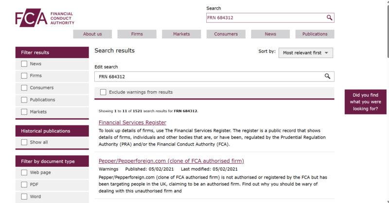 (Ảnh minh họa: Ô tìm kiếm với từ khóa “Pepperstone” hoặc “FRN 684312”)