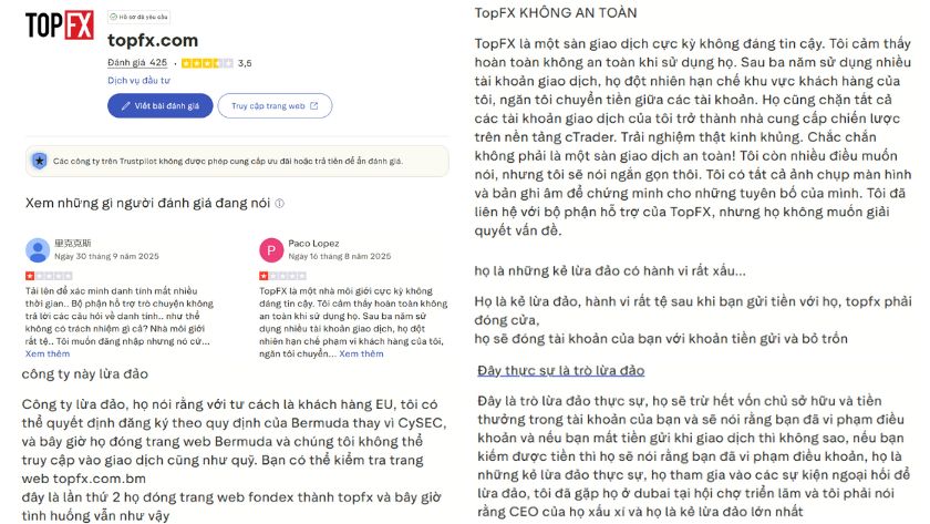 Một vài đánh giá của khách hàng về TopFX Markets