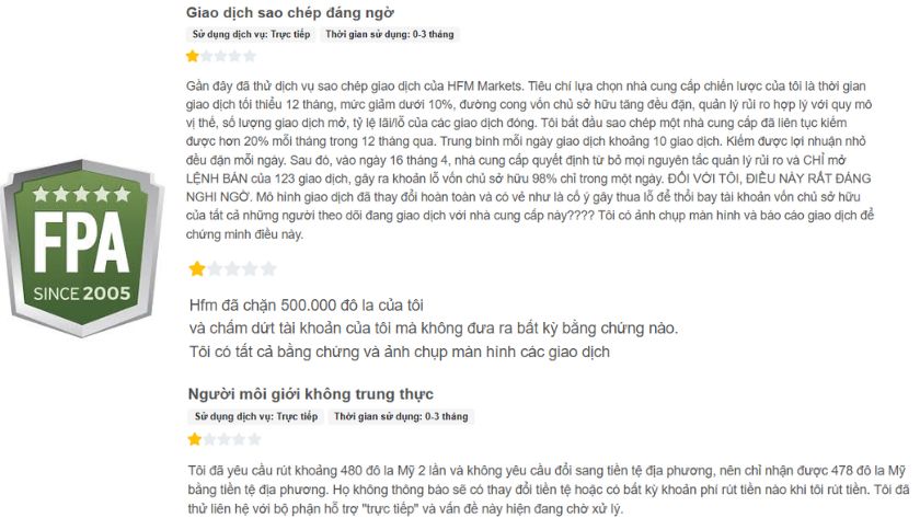 Đánh giá của trader trên Forex Peace Army về sàn HFM