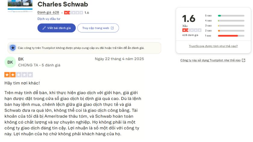 Đánh giá của trader trên Trustpilot về Charkes Schwab