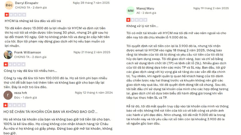 Đánh giá của trader về HYCM trên Trustpilot