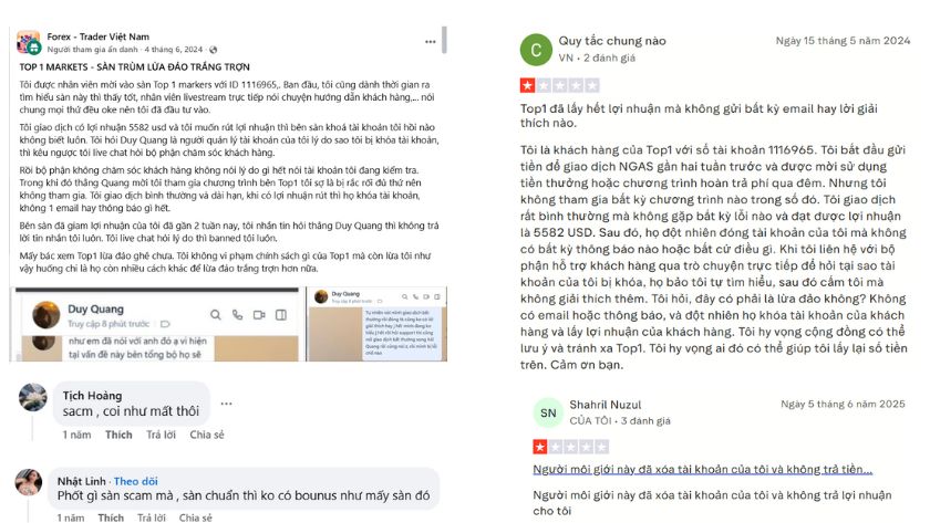 Một vài đánh giá của trader về Top1Markets trên Trustpilot & Facebook
