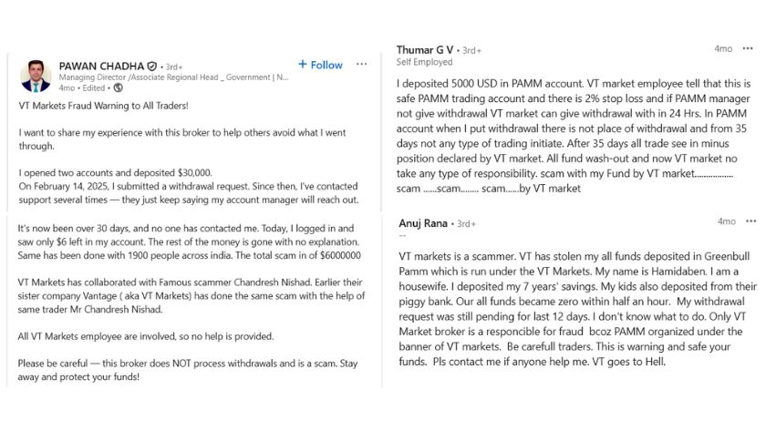 Một vài đánh giá của trader về VT Markets trên Linkedin