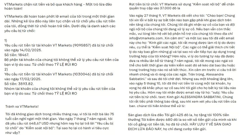 Một vài đánh giá của trader về VT Markets trên Trustpilot