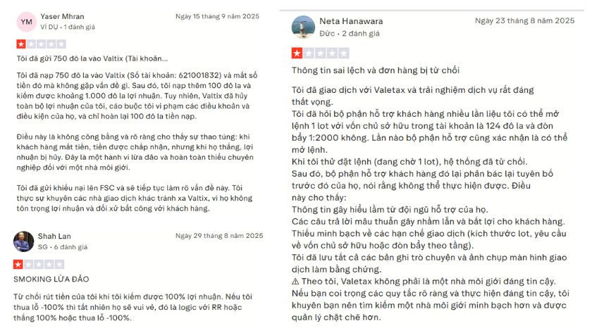 Một vài đánh giá của trader về Valetax trên Trustpilot