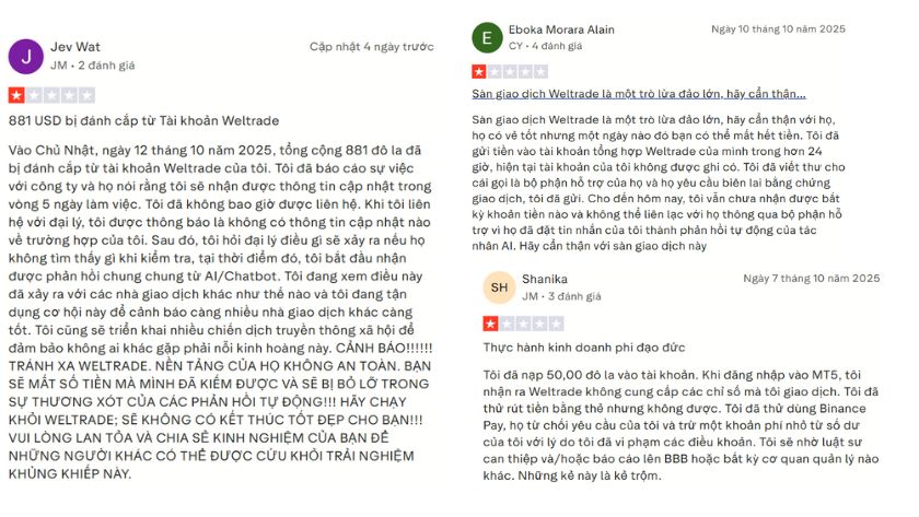 Một vài đánh giá của trader về Weltrade trên Trustpilot