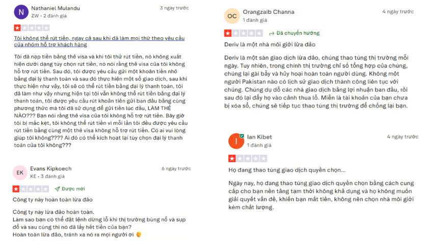 Một vài đánh giá của trader về sàn Deriv trên Trustpilot