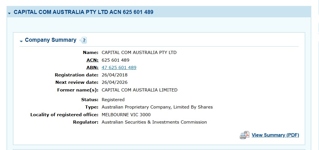 Thông tin đăng ký ASIC của Capital Com trên website
