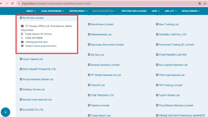 Thông tin giấy phép FSA của PU Prime