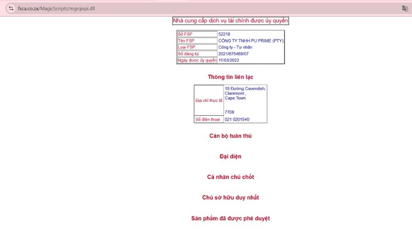 Thông tin giấy phép FSCA của PU Prime