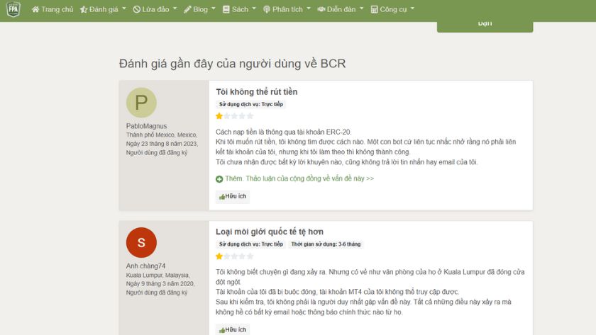 Đánh giá của người dùng về BCR