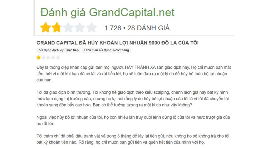 Đánh giá của trader về Grand Capital trên Forex Peace Amy