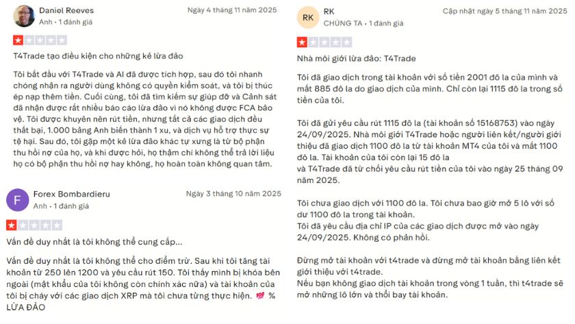 Hàng loạt phản hồi tiêu cực về T4Trade trên Trustpilot