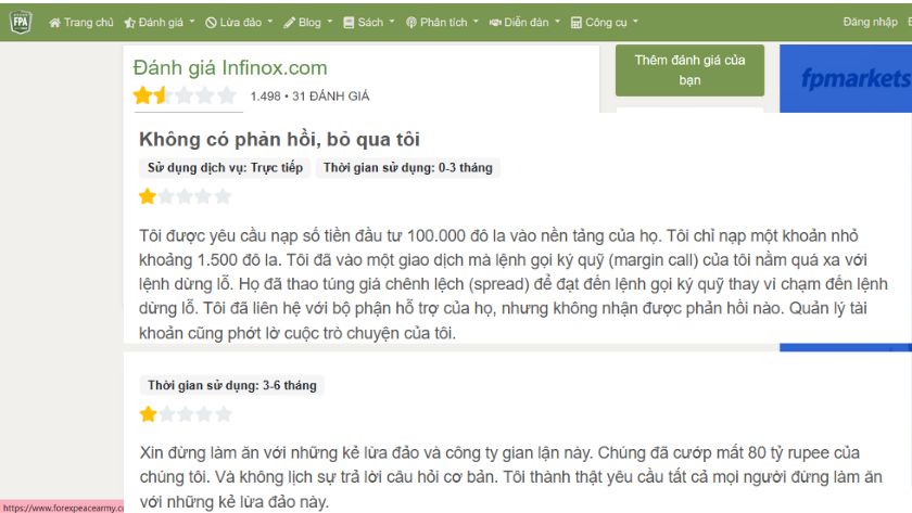 Infinox nhận về rất nhiều phản hồi tiêu cực, tố cáo sàn scam trên Forex Peace Army