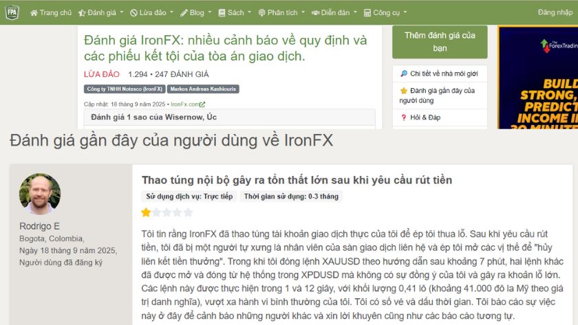 IronFX bị gắn nhãn scam trên FPA với hàng loạt phản hồi tiêu cực từ trader