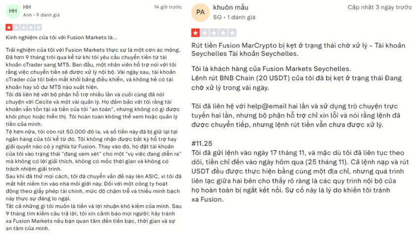 Không thể rút tiền tại Fusion Markets - Trader chia sẻ trên Trustpilot
