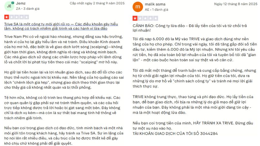 Không thể rút tiền tại Trive - Trader phản ánh trên Trustpilot