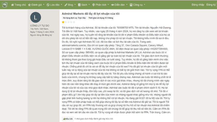 Một trường hợp điển hình Trader Việt bị giữ lợi nhuận tố cáo sàn Admiral Markets trên FPA