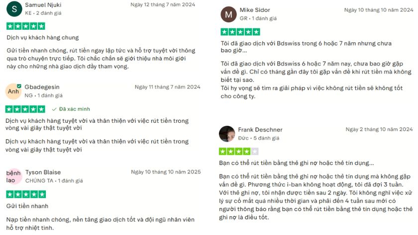 Một vài đánh giá của trader về BDSwiss trên Trustpilot