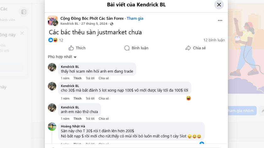 Một vài đánh giá của trader về JustMarkets trên Facebook