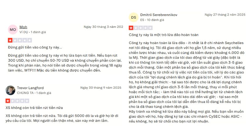 Một vài đánh giá của trader về việc không thể rút tiền ở sàn XS trên Trustpilot
