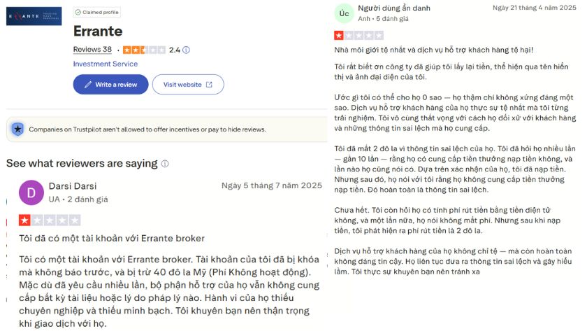 Một vài trader bày tỏ bức xúc về Errante trên Trutspilot