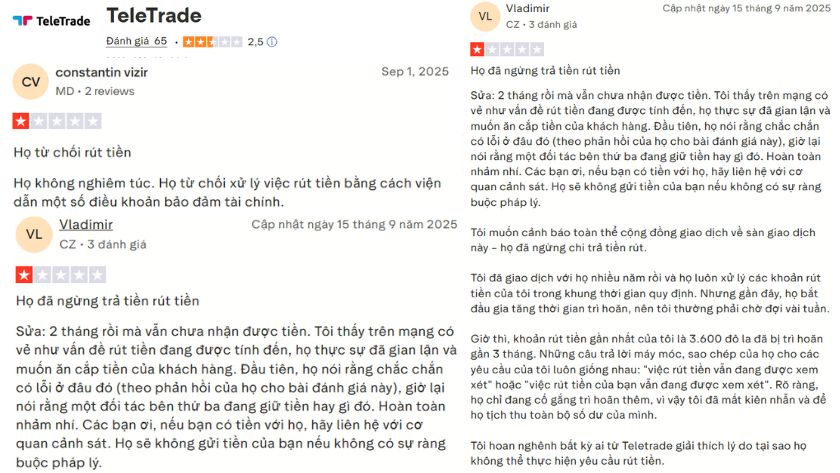 Nhiều trader bày tỏ việc không thể rút tiền ở sàn TeleTrade trên Trustpilot