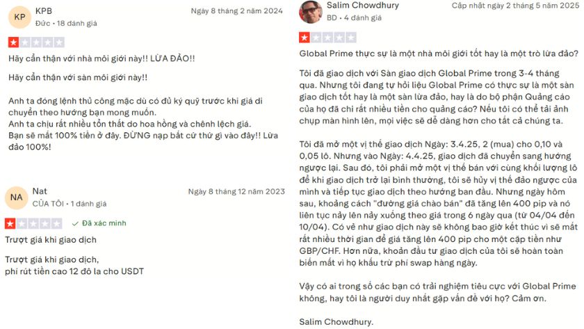 Những phản hồi tiêu cực của trader về Global Prime trên Trustpilot