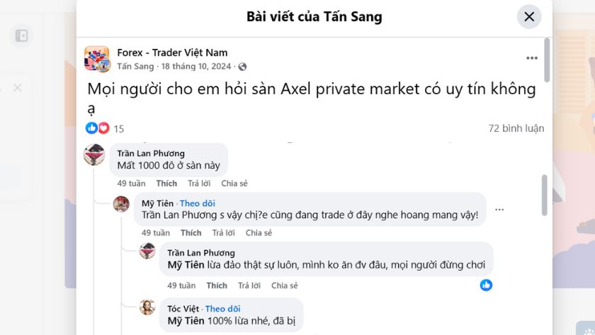Những trader Việt tố cáo sàn AXEL lừa đảo trong nhóm Facebook
