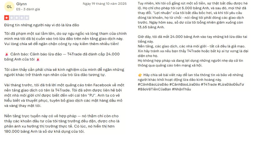 Phản hồi của Glynn về T4Trade trên Trustpilot Mất 24.000 tại sàn này