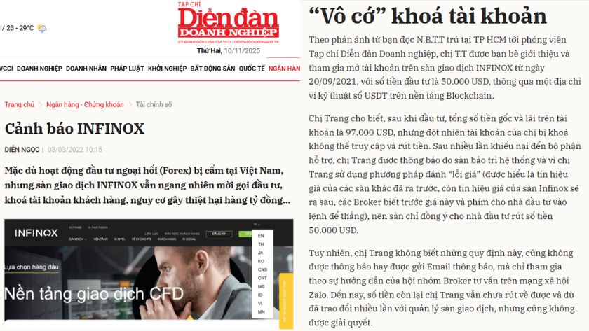 Tạp chí Diễn đàn Doanh nghiệp đã từng đăng bài cảnh báo về sự thiếu minh bạch Infinox