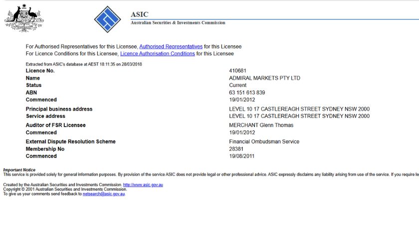 Thông tin giấy phép ASIC của Admiral
