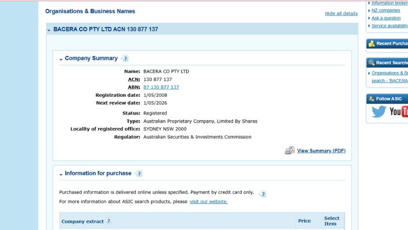 Thông tin giấy phép ASIC của BCR