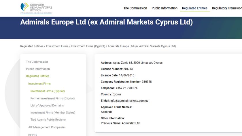 Thông tin giấy phép CySEC của Admiral