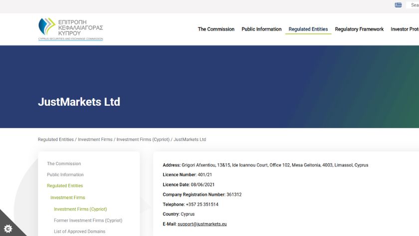 Thông tin giấy phép CySEC của JustMarkets