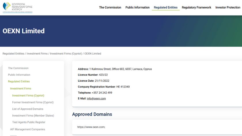 Thông tin giấy phép CySEC của OEXN