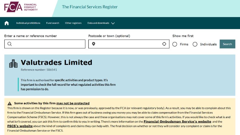 Thông tin giấy phép FCA của Valutrades