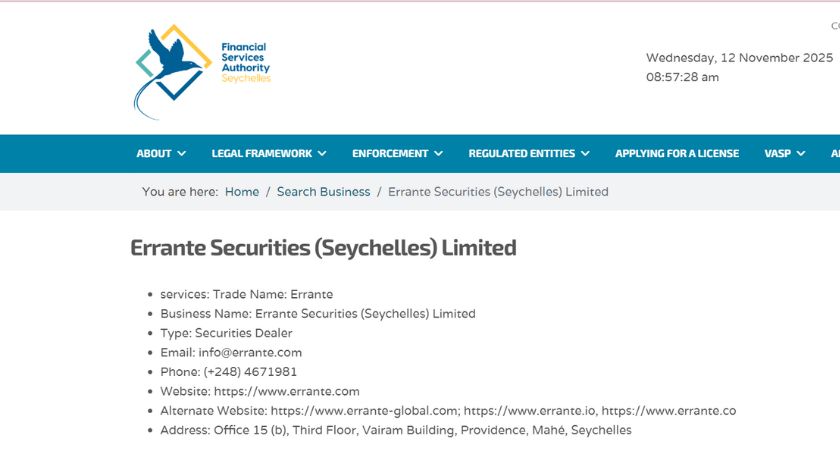 Thông tin giấy phép FSA của Errante