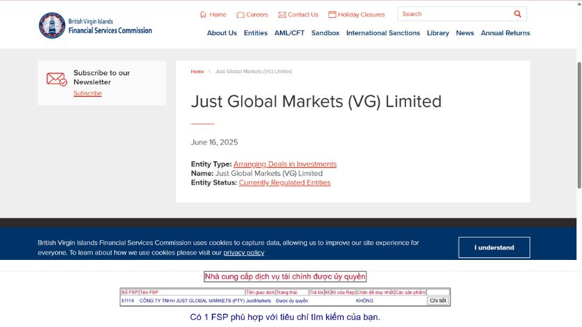 Thông tin giấy phép FSC và FSCA của JustMarkets