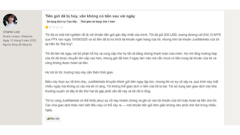Trader quốc tế bày tỏ sự thất vọng về JustMarkets