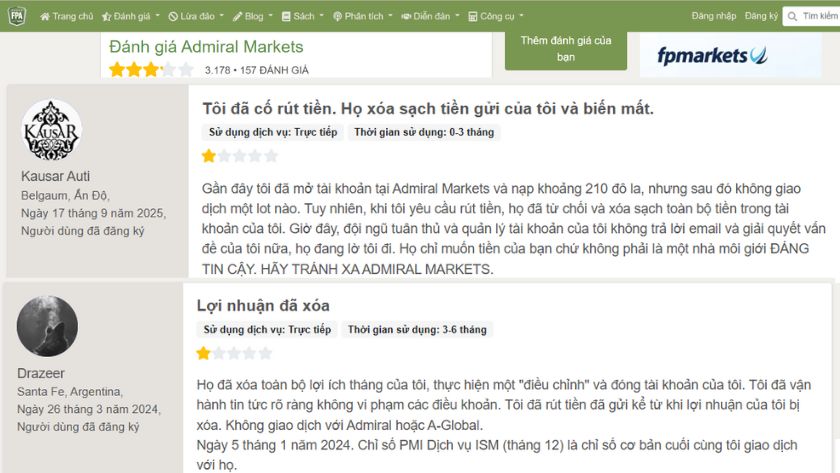 Trader quốc tế cáo buộc sàn Admiral Markets xóa lợi nhuận, từ chối rút tiền trên FPA