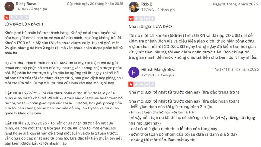 Trader tố cáo OEXN scam trên Trustpilot