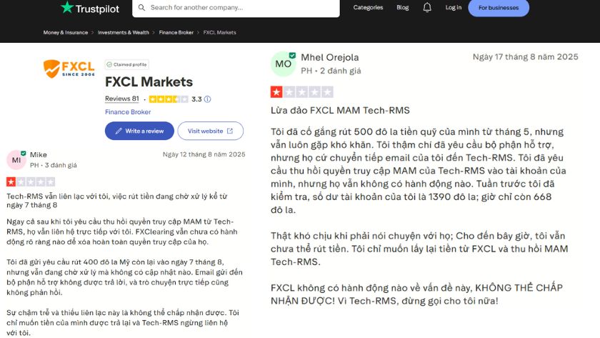 Trader tố cáo sàn FXCL thiếu minh bạch trên Trustpilot