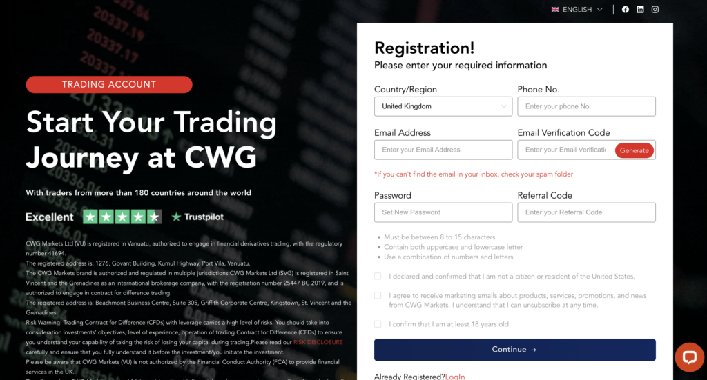 Cách đăng ký nhận Bonus CWG Markets