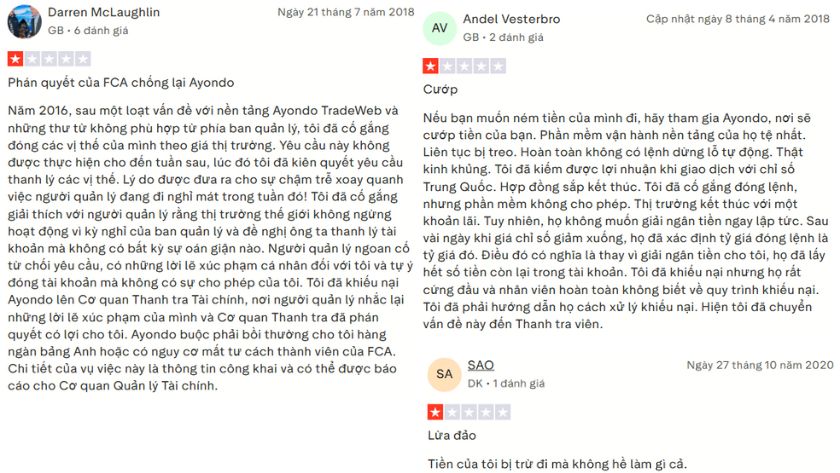 Các phản hồi của người dùng về Ayondo trên Trustpilot