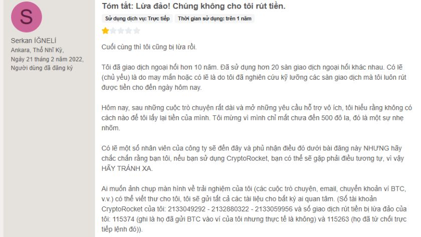 Crypto Rocket không cho rút tiền - Đánh giá của trader trên FPA