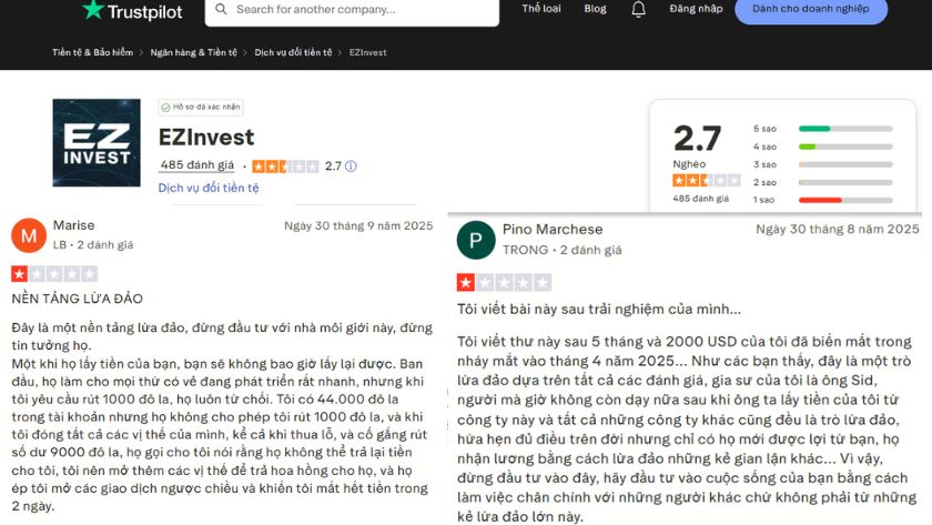 Đánh giá của trader về EZInvest trên Trustpilot