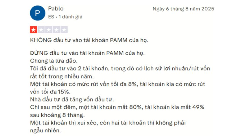 Đánh giá của trader về sàn AccentForex trên Trustpilot